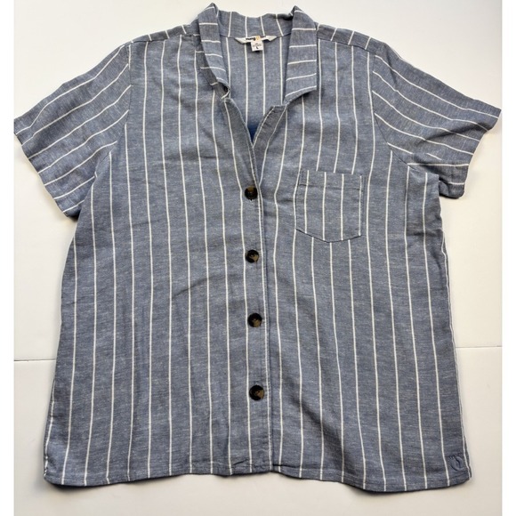 Hang Ten Tops - Hang Ten Button Front Shirt Womens Sz L Blue White Striped Coastal Linen Blend